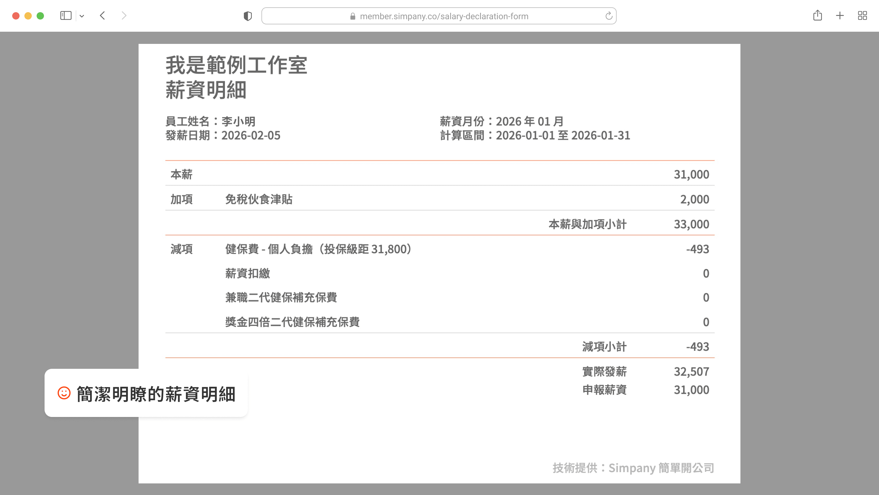 Simpany 薪資管家產生的員工薪資明細單，列出本薪、加項、減項及實際發薪金額
